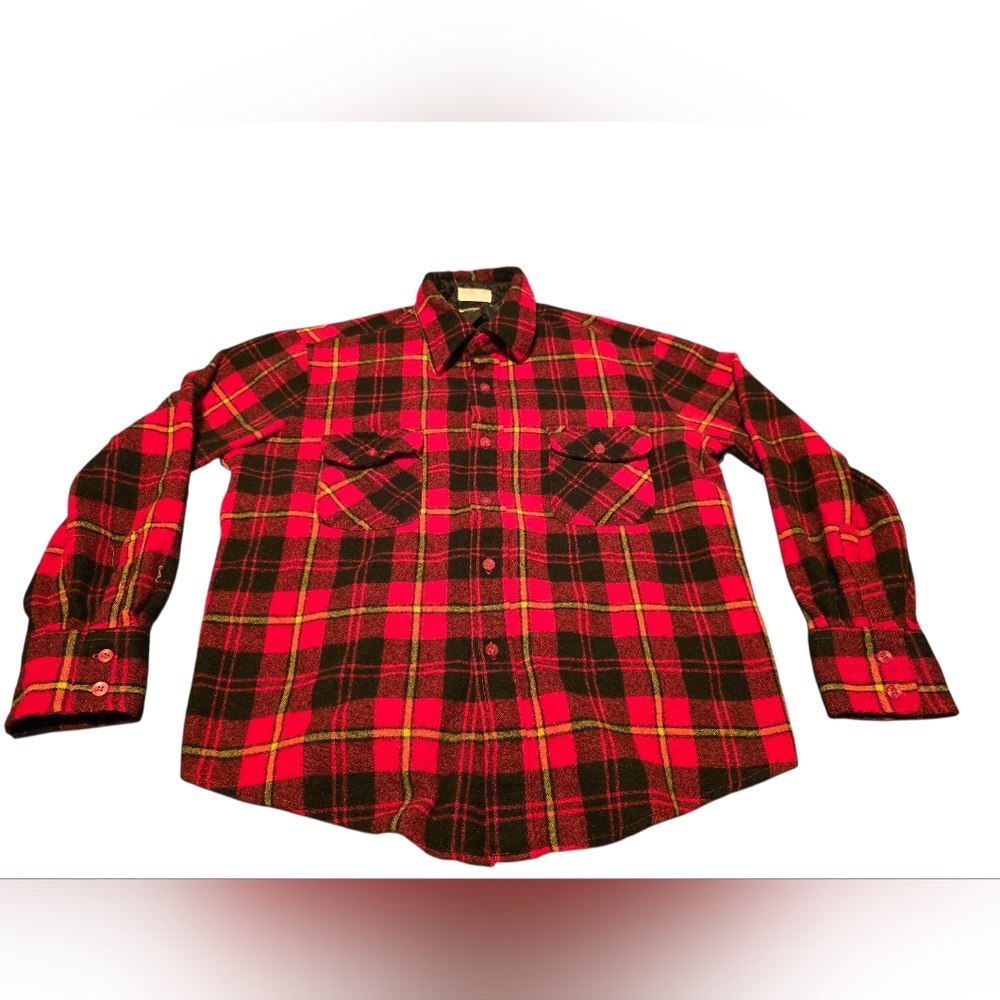 Envoy Vintage Red Plaid Wool Blend Men's Button Up Flannel Work Shirt Size L